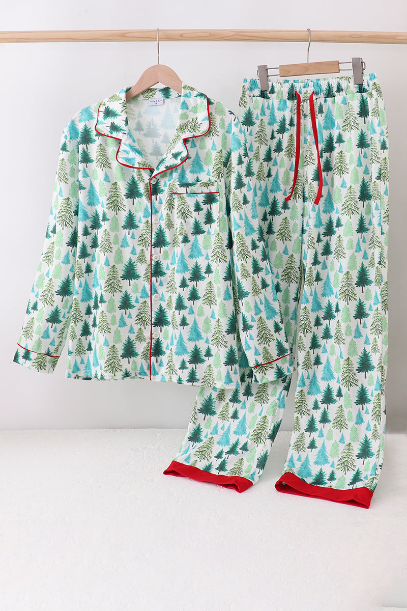 Christmas-themed pajama set with tree pattern on a white background