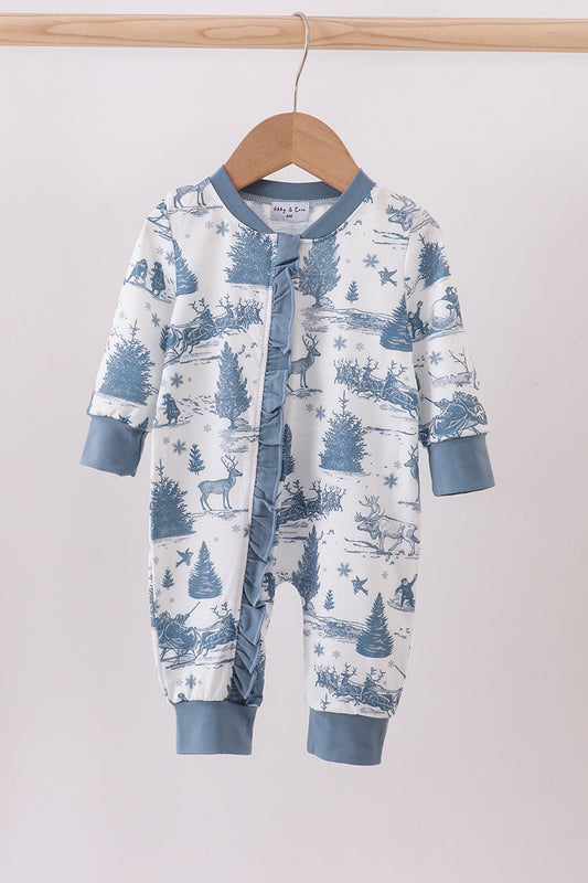 Baby onesie with forest pattern on a hanger against a white background