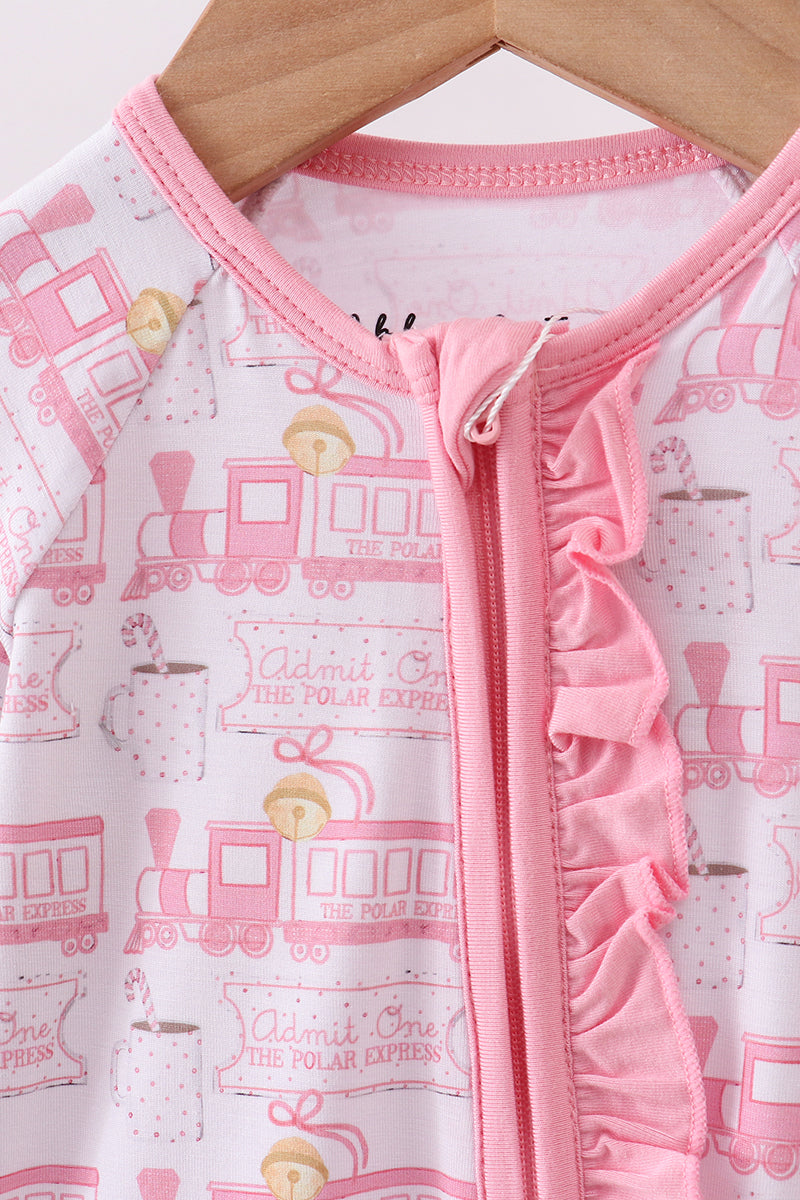 Baby outfit with pink ruffled zipper and train pattern on a white background