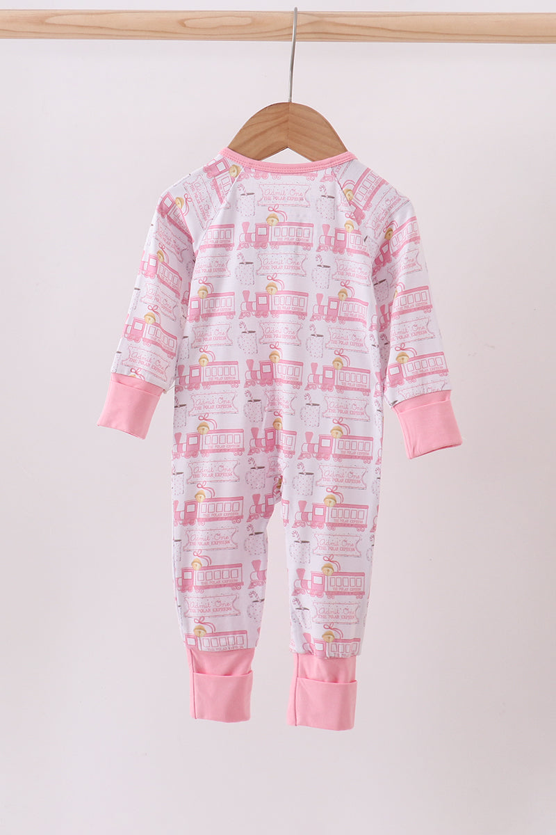 Baby onesie with pink and white pattern on a hanger against a light background