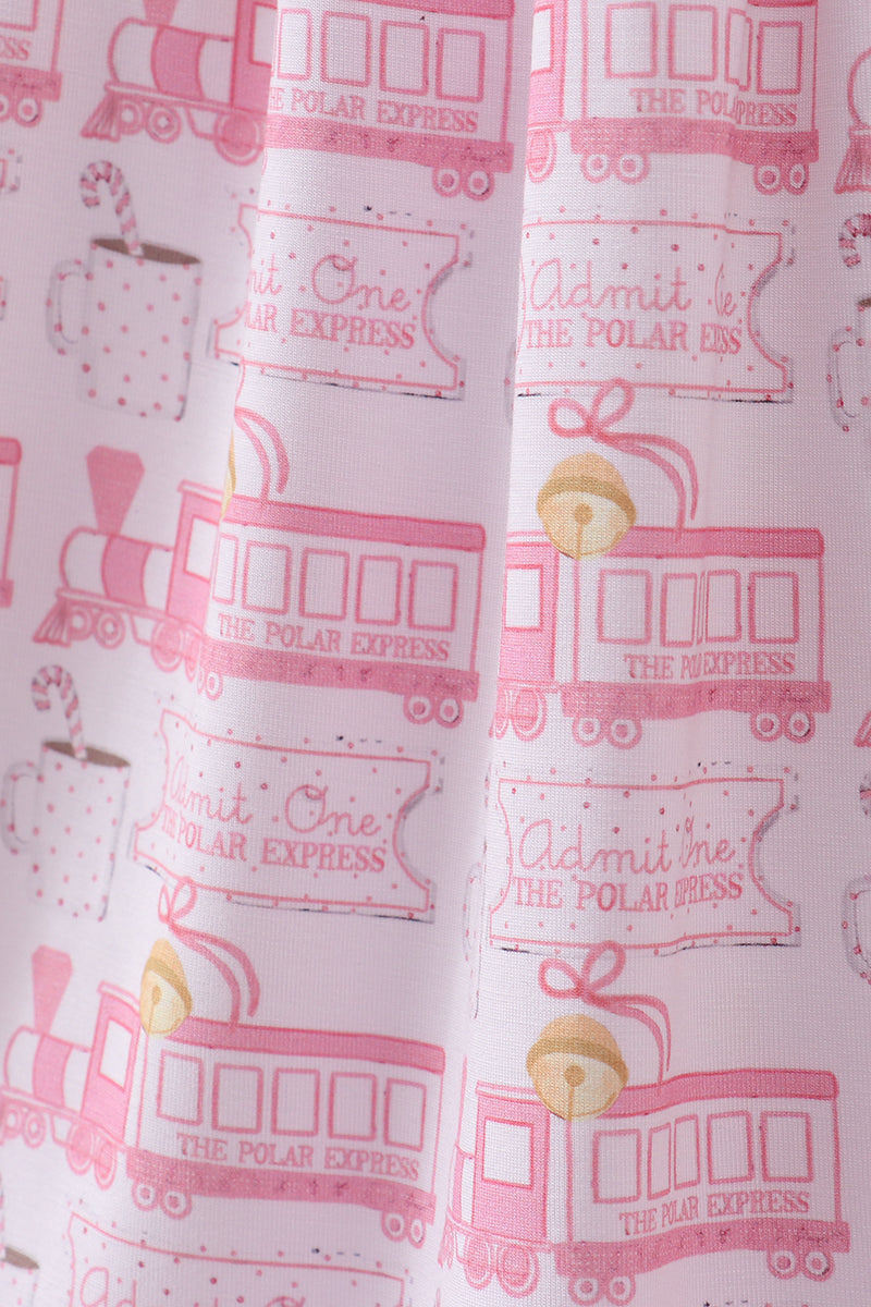 Pattern of pink Polar Express train cars on a white background