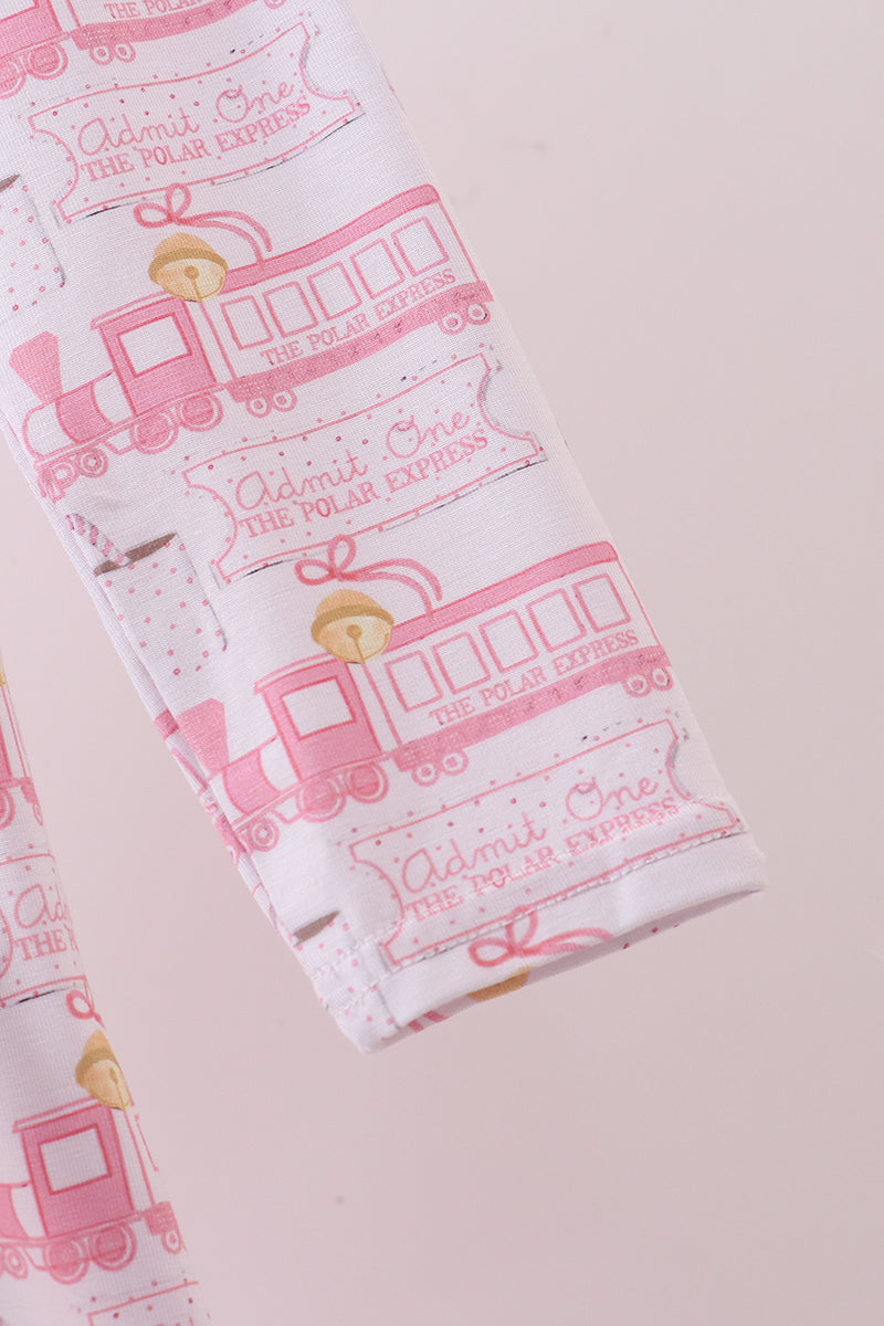 Pink and white fabric with train design and text on a light pink background