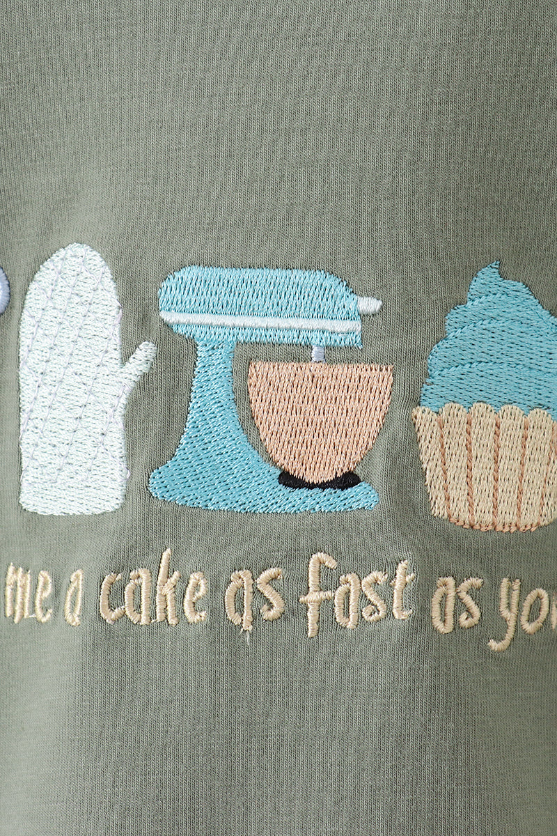 Embroidered design on a fabric with a mixer, oven mitt, and cupcake, featuring text.