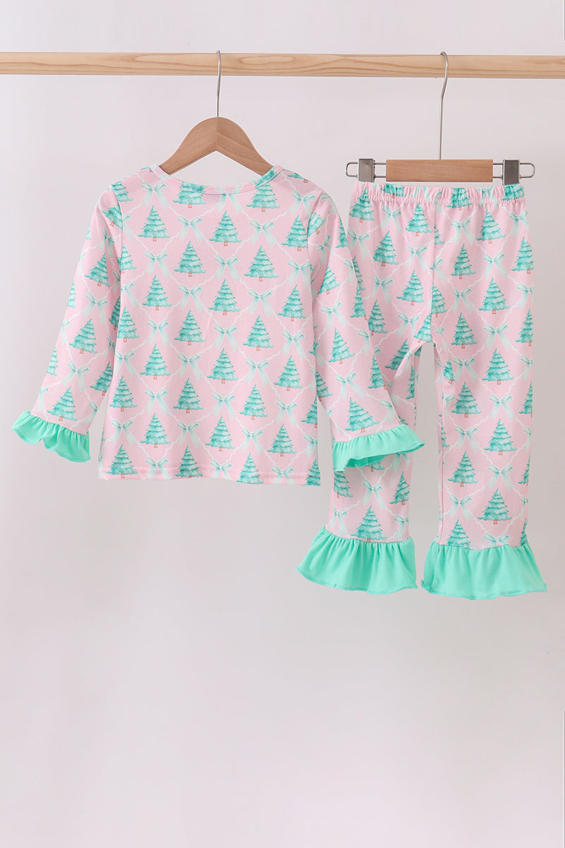 Children's pajama set with tree pattern on a white background