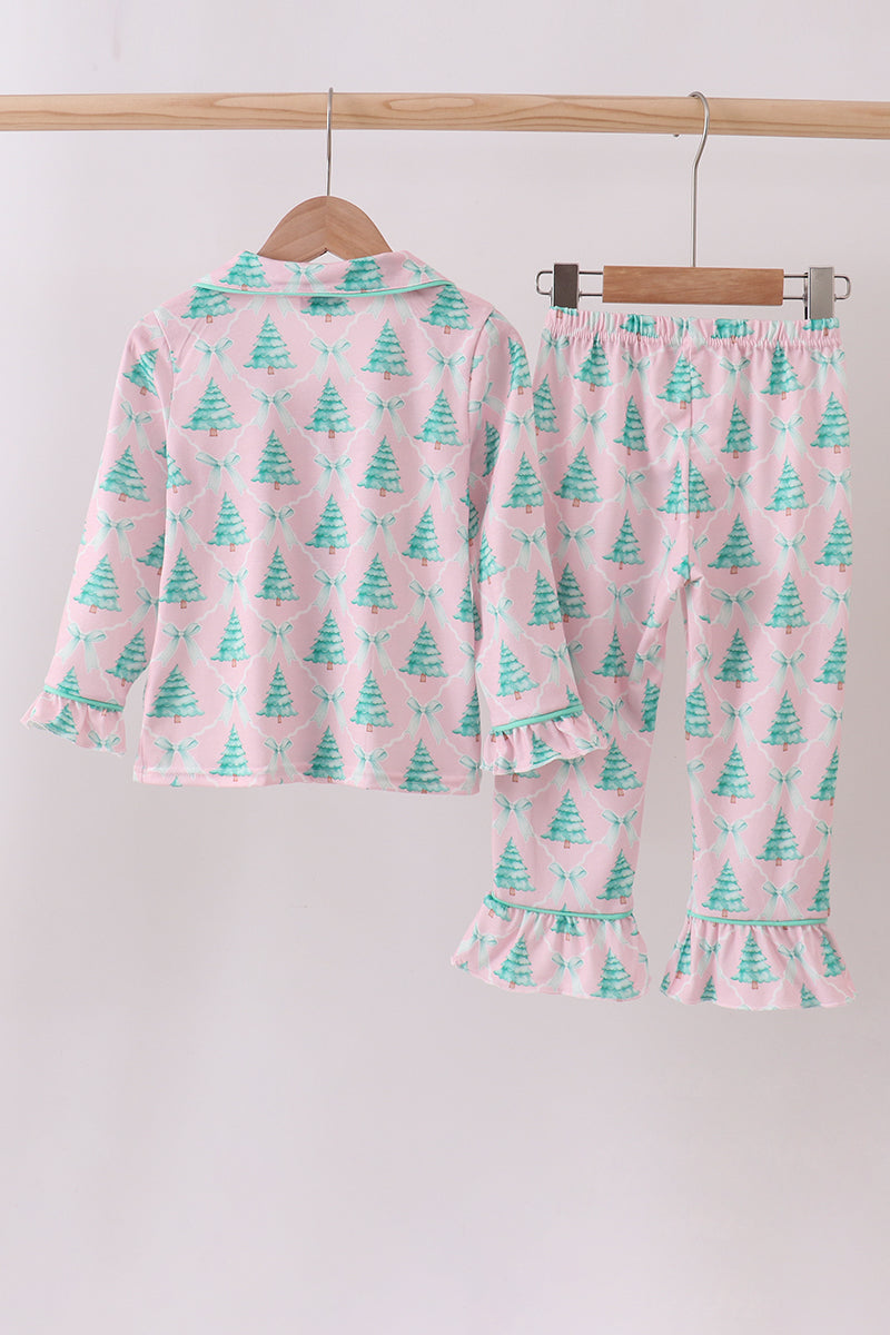 Children's pajama set with tree pattern on a white background
