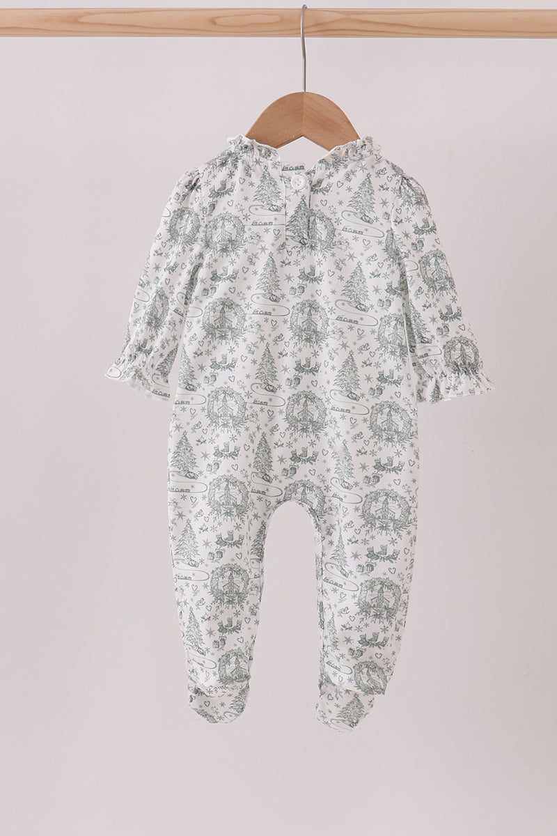 Floral-patterned baby onesie on a hanger against a plain background