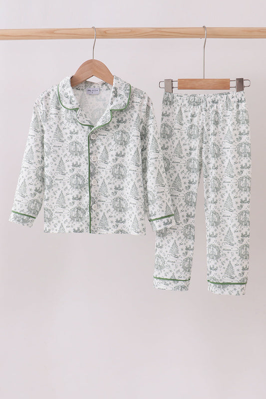Floral pajama set hanging on a rack against a white background