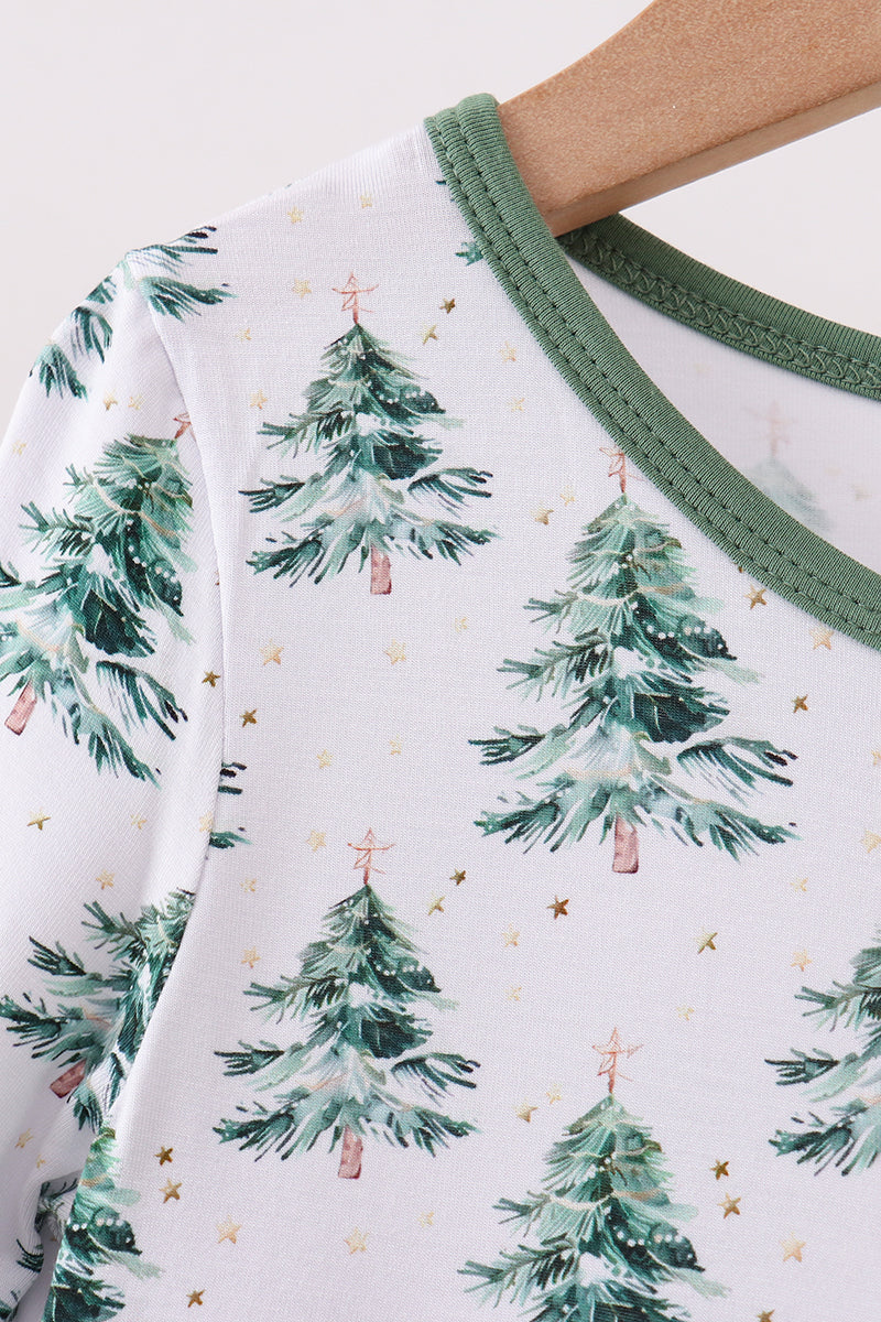 Baby onesie with Christmas tree pattern on a white background