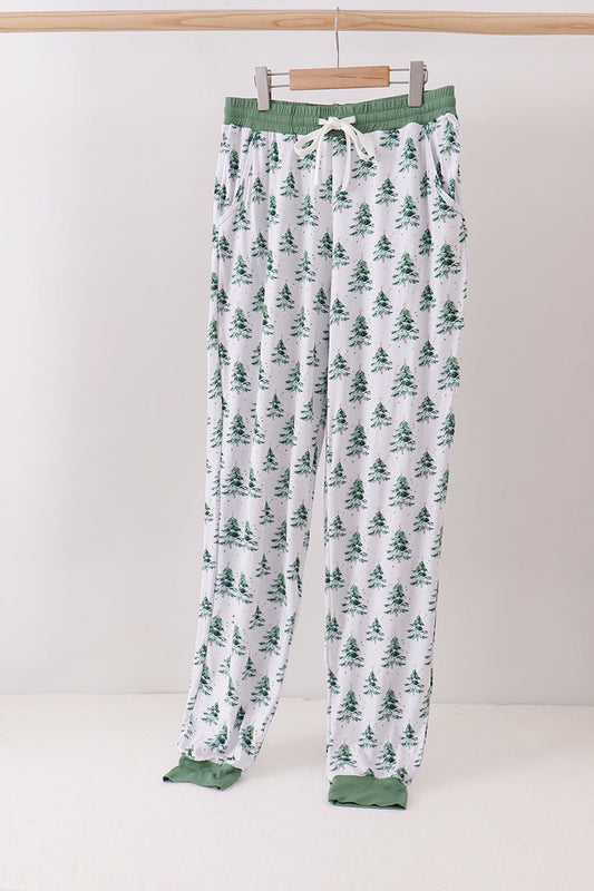 Floral-patterned pajama pants on a hanger against a white background