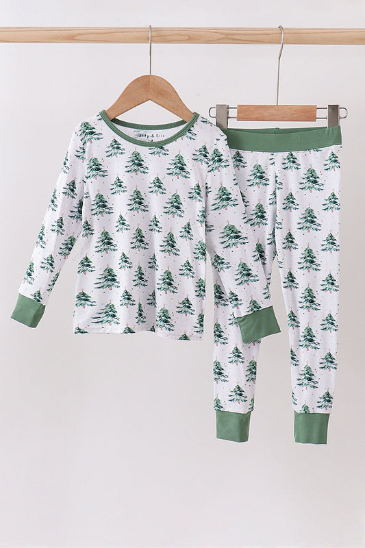 Children's pajama set with tree pattern on a white background