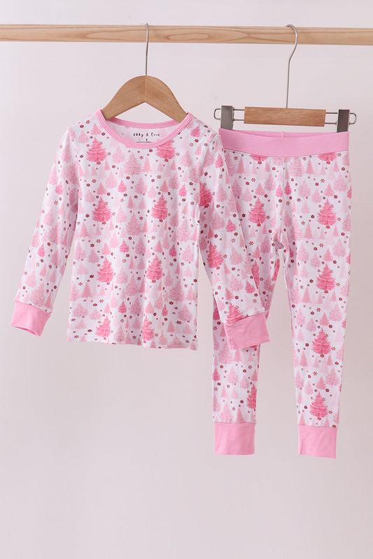 Children's pink pajama set with floral pattern on a hanger against a white background