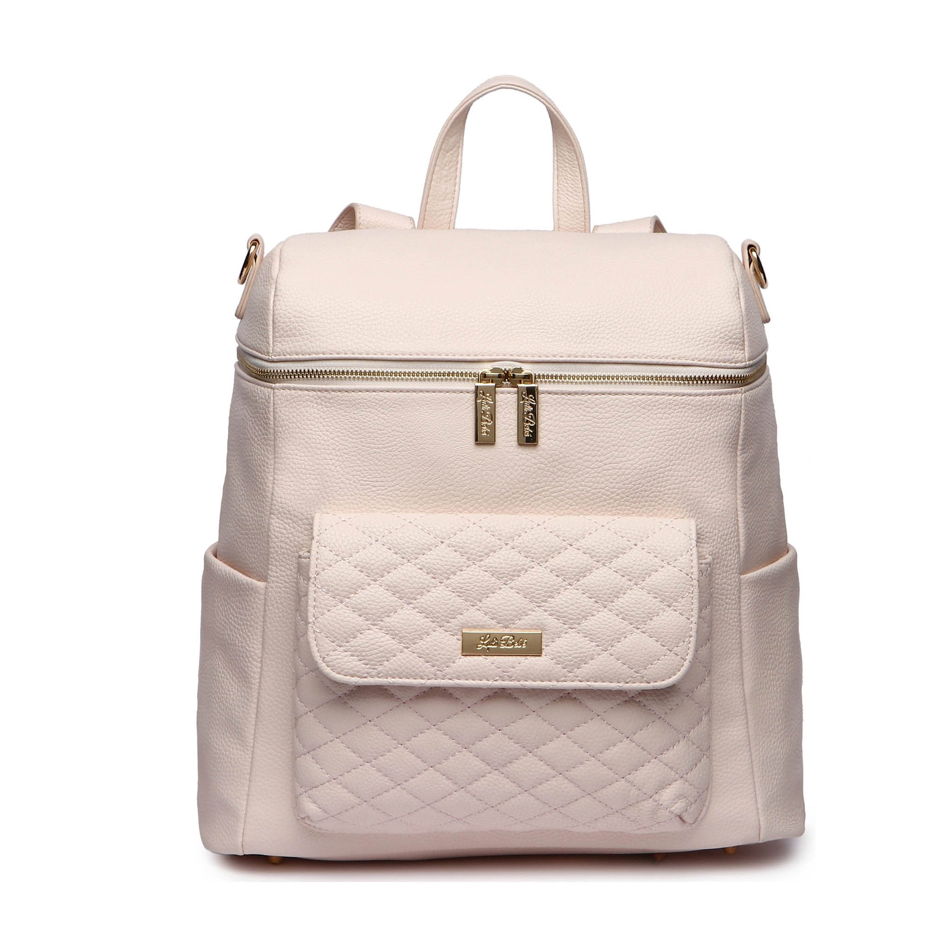 Quilted beige backpack with a front pocket on a white background