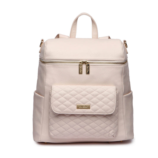 Quilted beige backpack with a front pocket on a white background