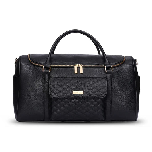 Black quilted handbag with gold accents on a white background