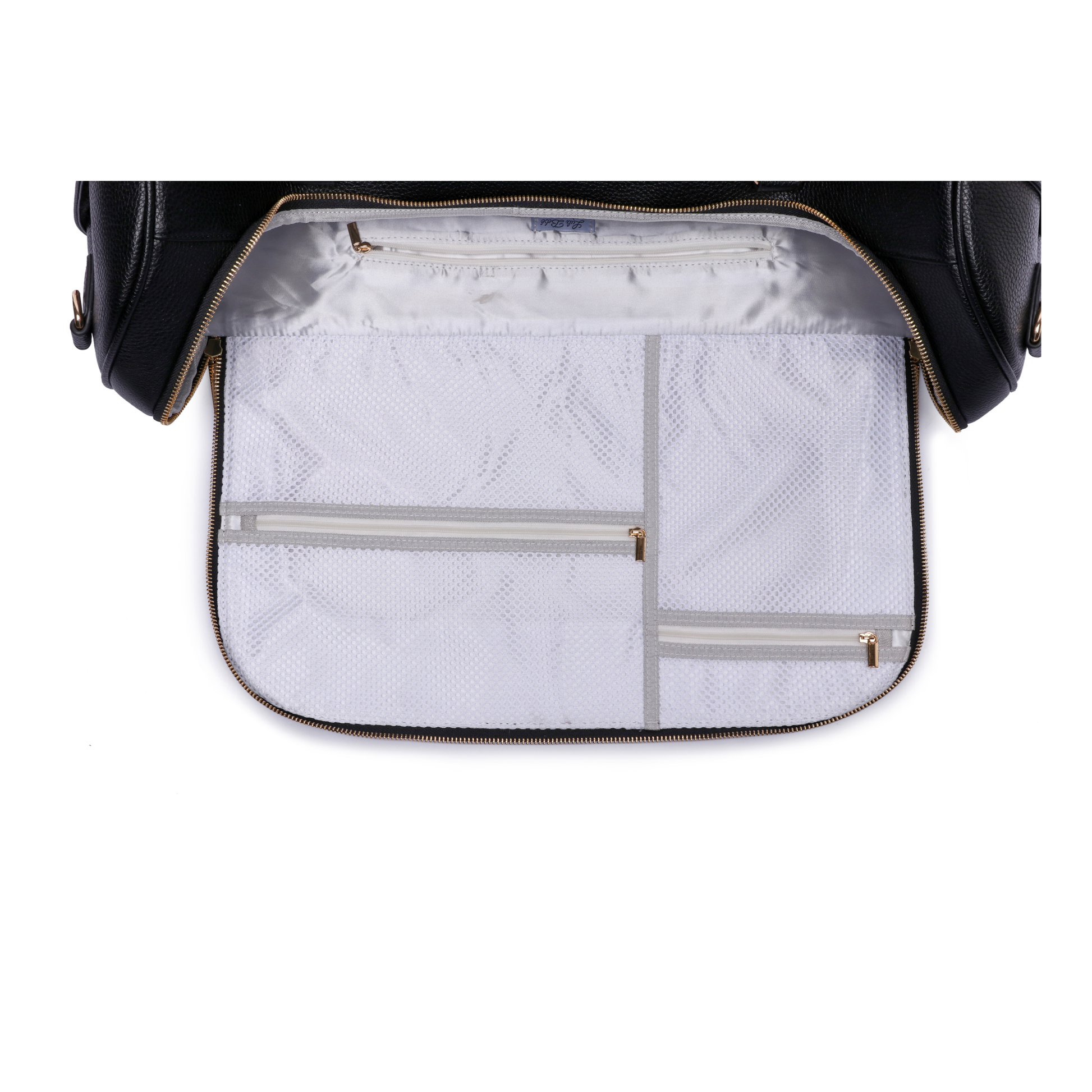 Black backpack with open compartment showing quilted white interior on a white background
