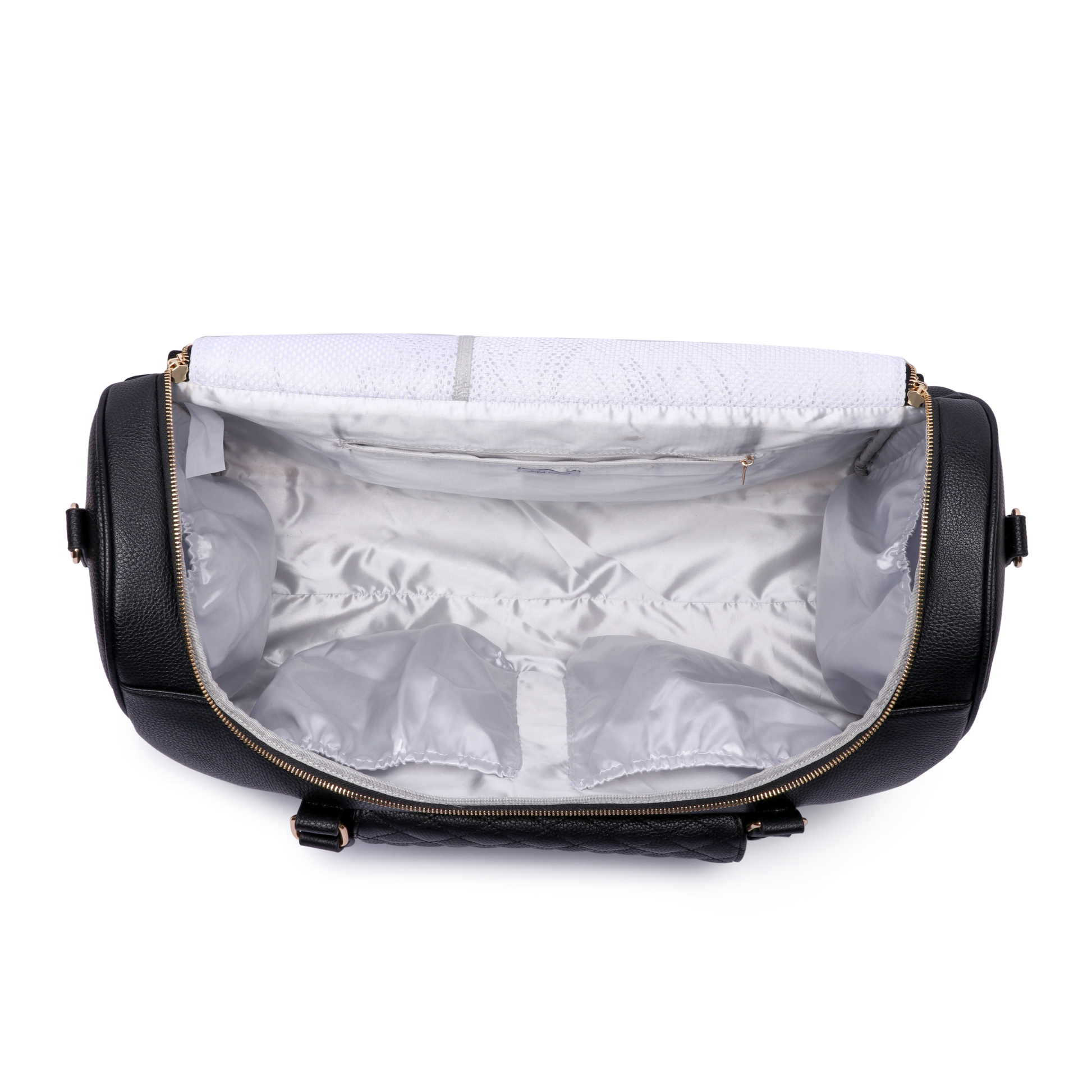 Black leather bag with white interior on a white background