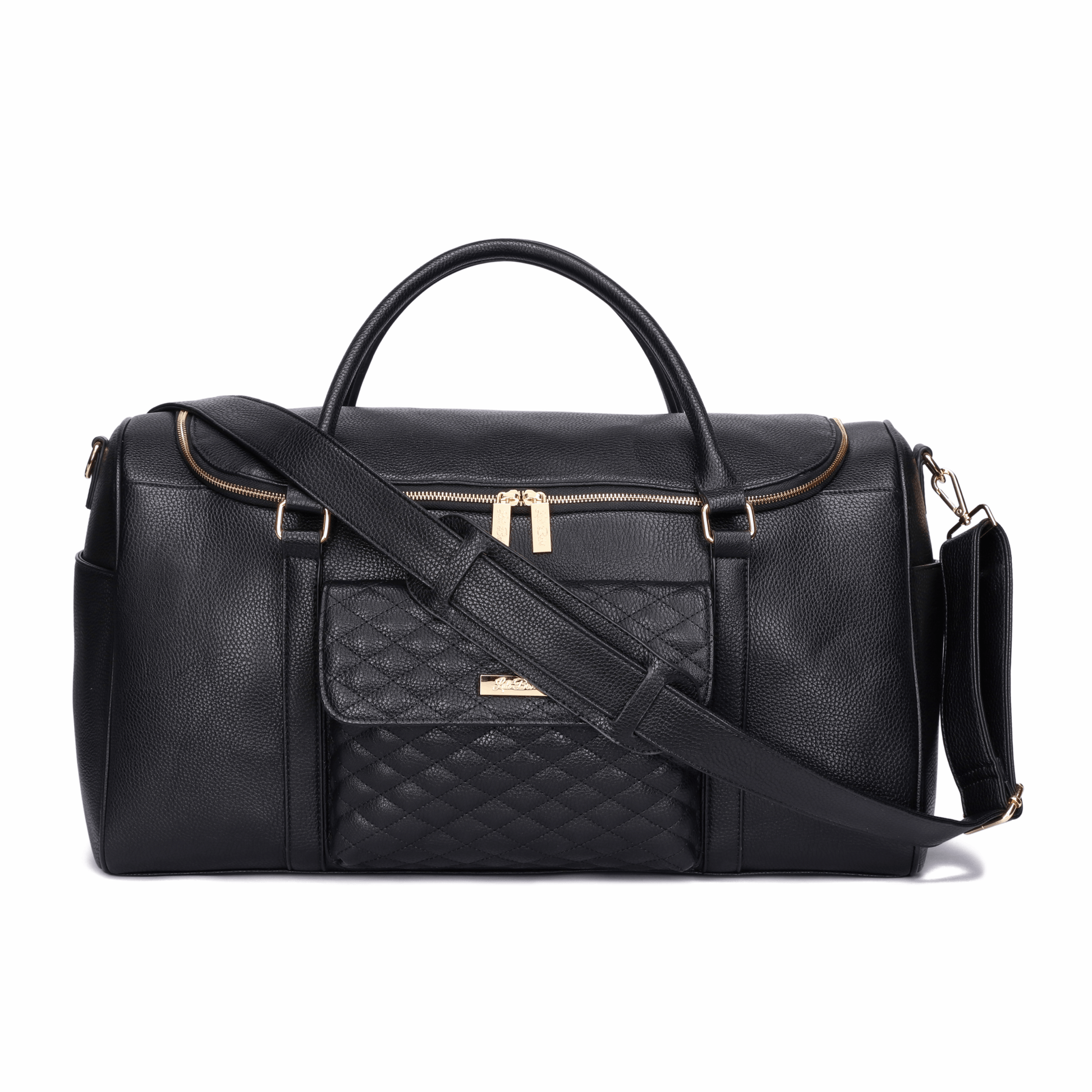 Black leather duffel bag with a quilted pocket on a white background
