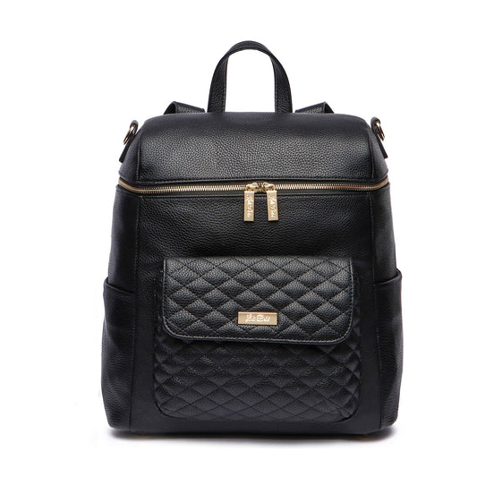 Black backpack with quilted front pocket on a white background