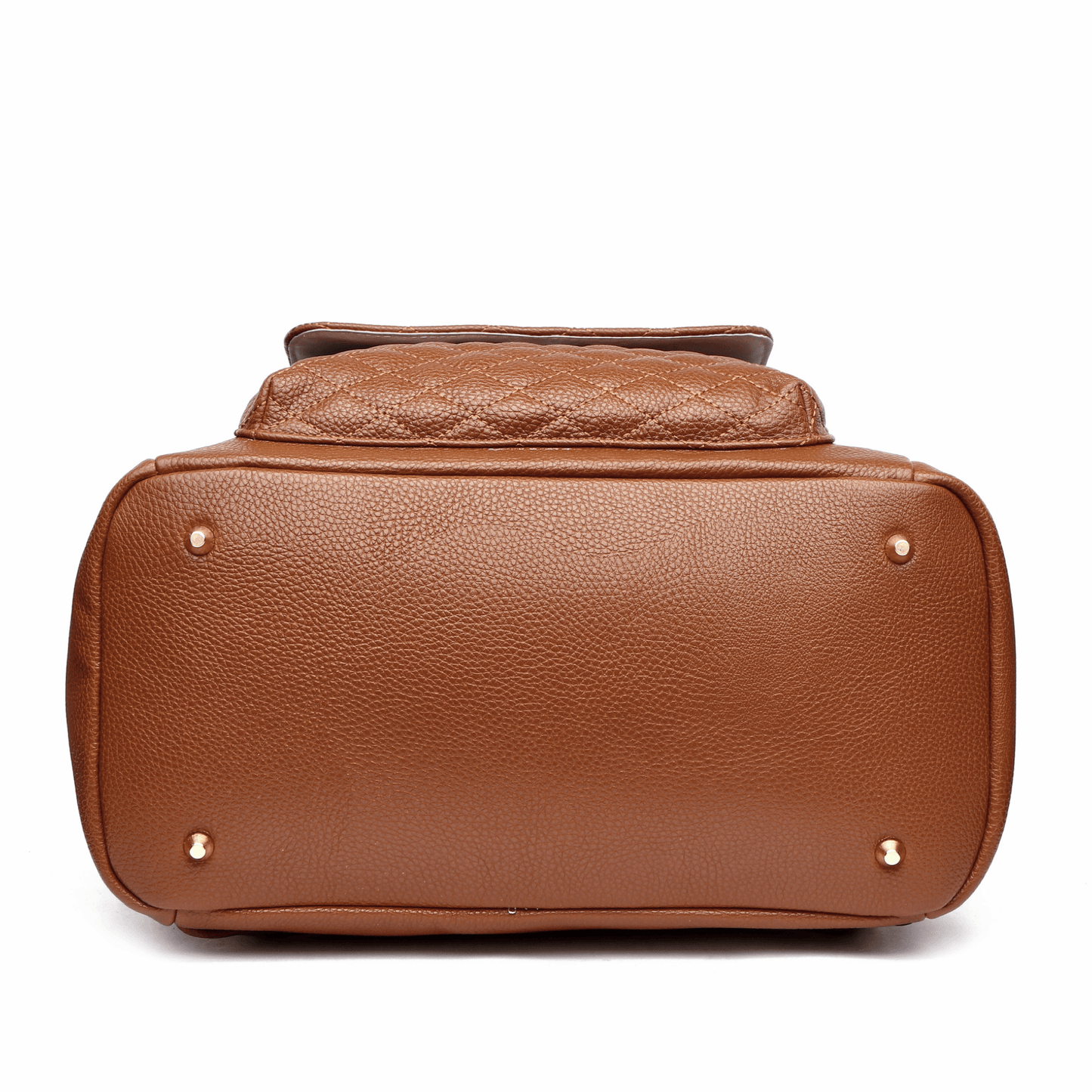 Brown leather bag with gold studs on a white background