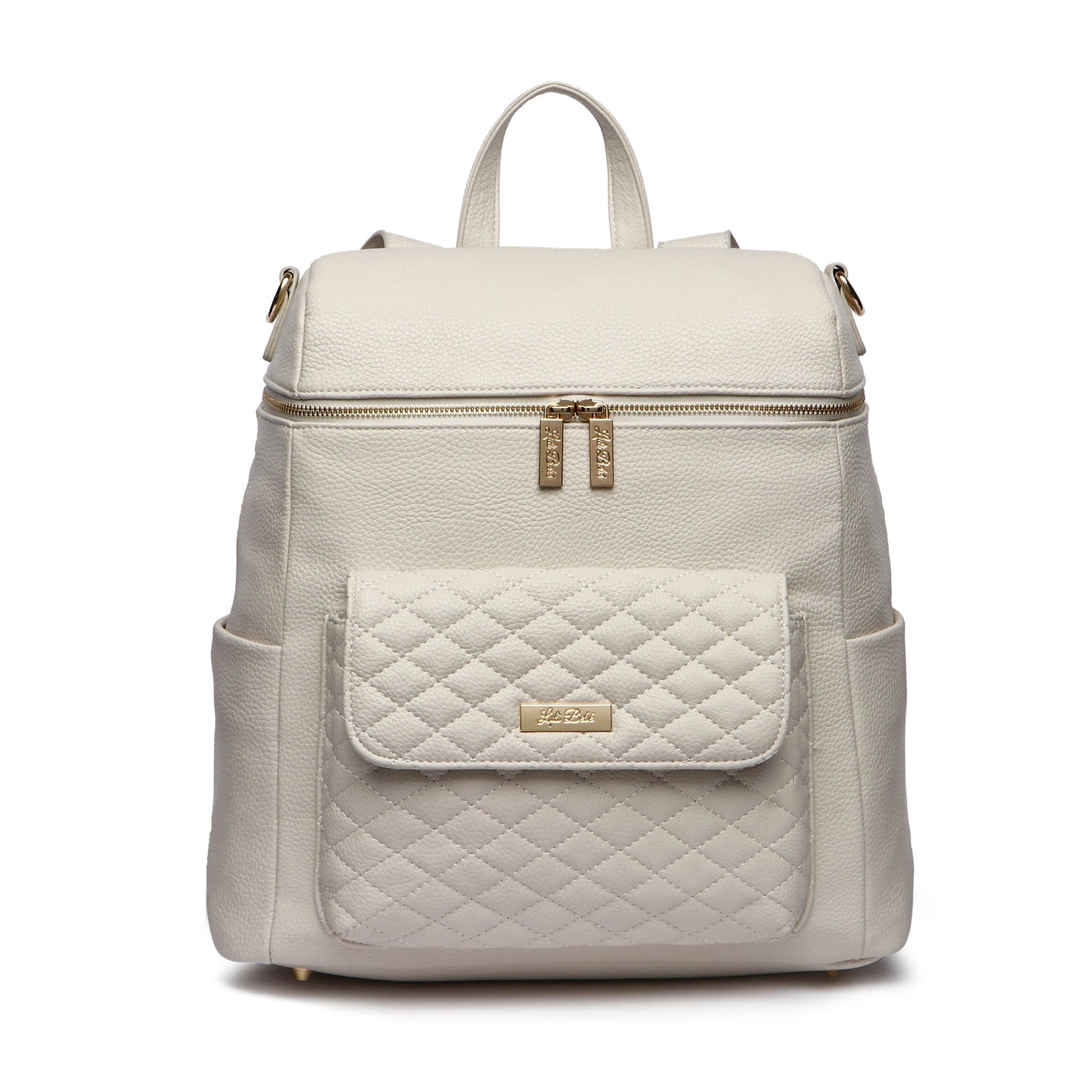 A pearl white Monaco Diaper Bag made of premium vegan leather, featuring a quilted design on the front pocket, gold-tone hardware, and a shoulder strap.