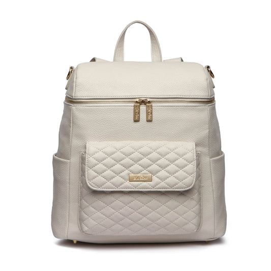 A pearl white Monaco Diaper Bag made of premium vegan leather, featuring a quilted design on the front pocket, gold-tone hardware, and a shoulder strap.