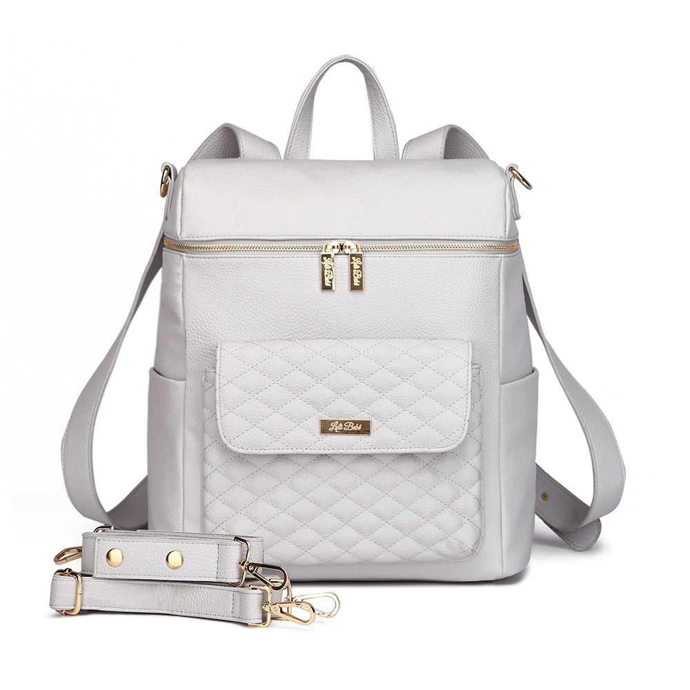 Light gray backpack with quilted design and gold accents on a white background