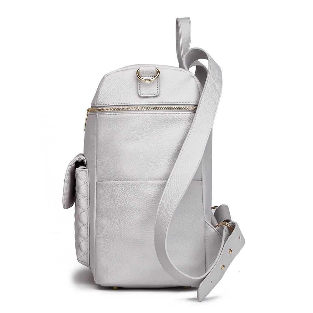 Light gray backpack with a strap on a white background