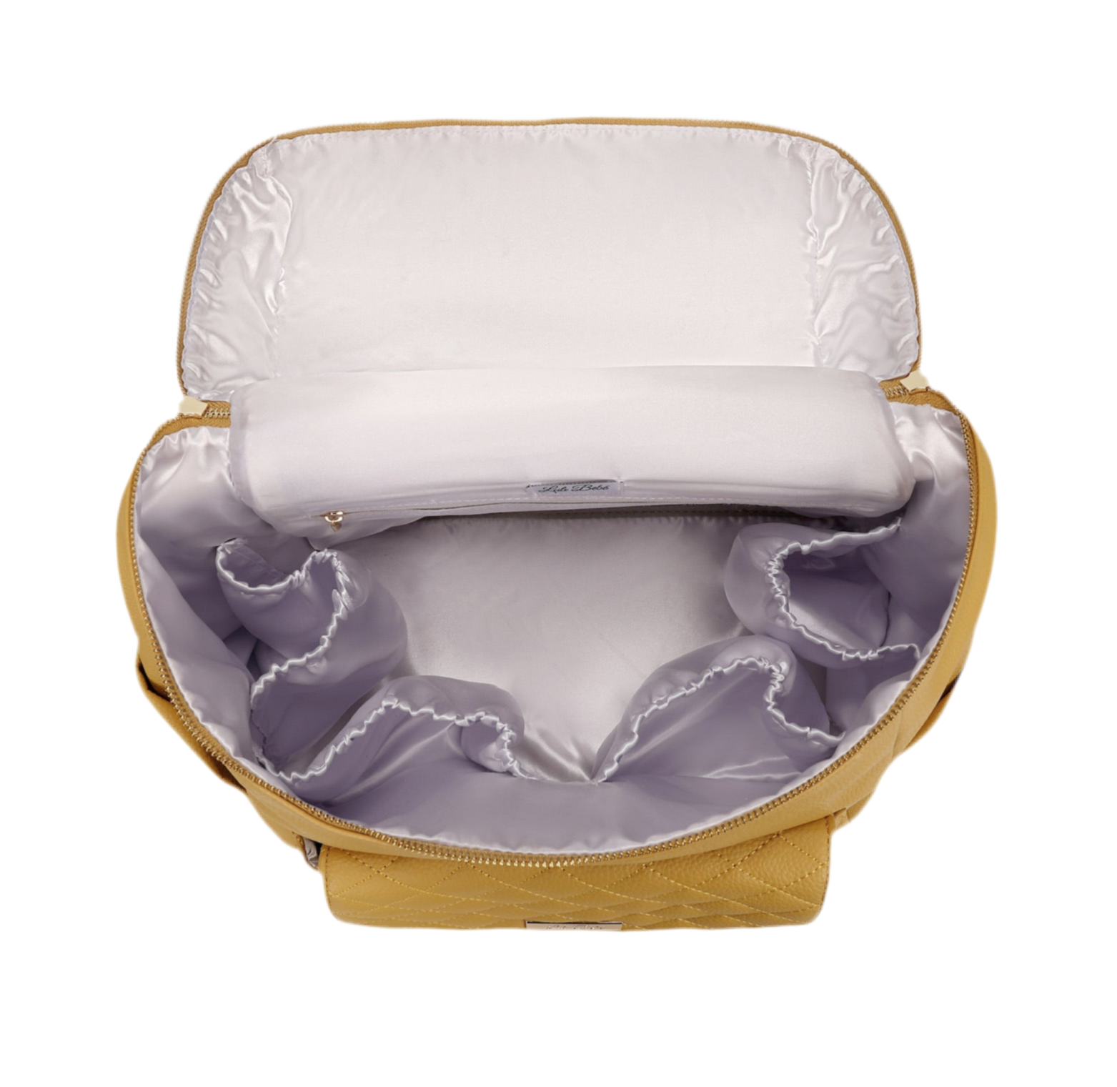 Open yellow bag with white interior and a white item inside on a white background