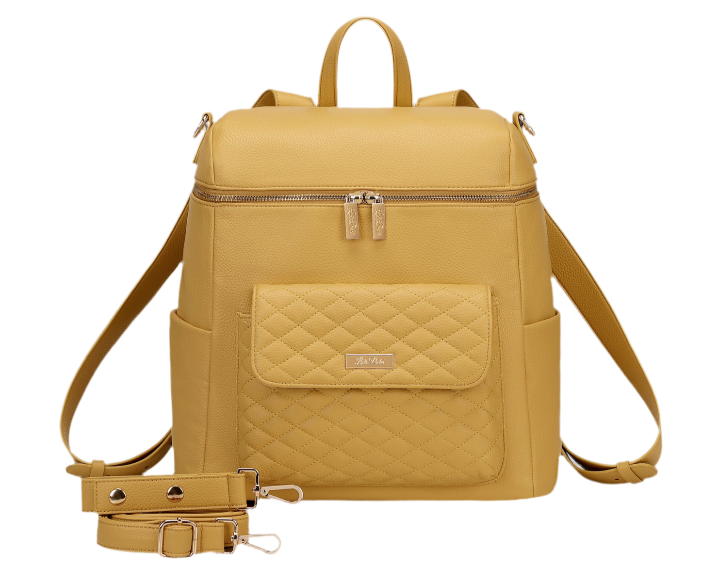 Yellow backpack with quilted pocket on a white background
