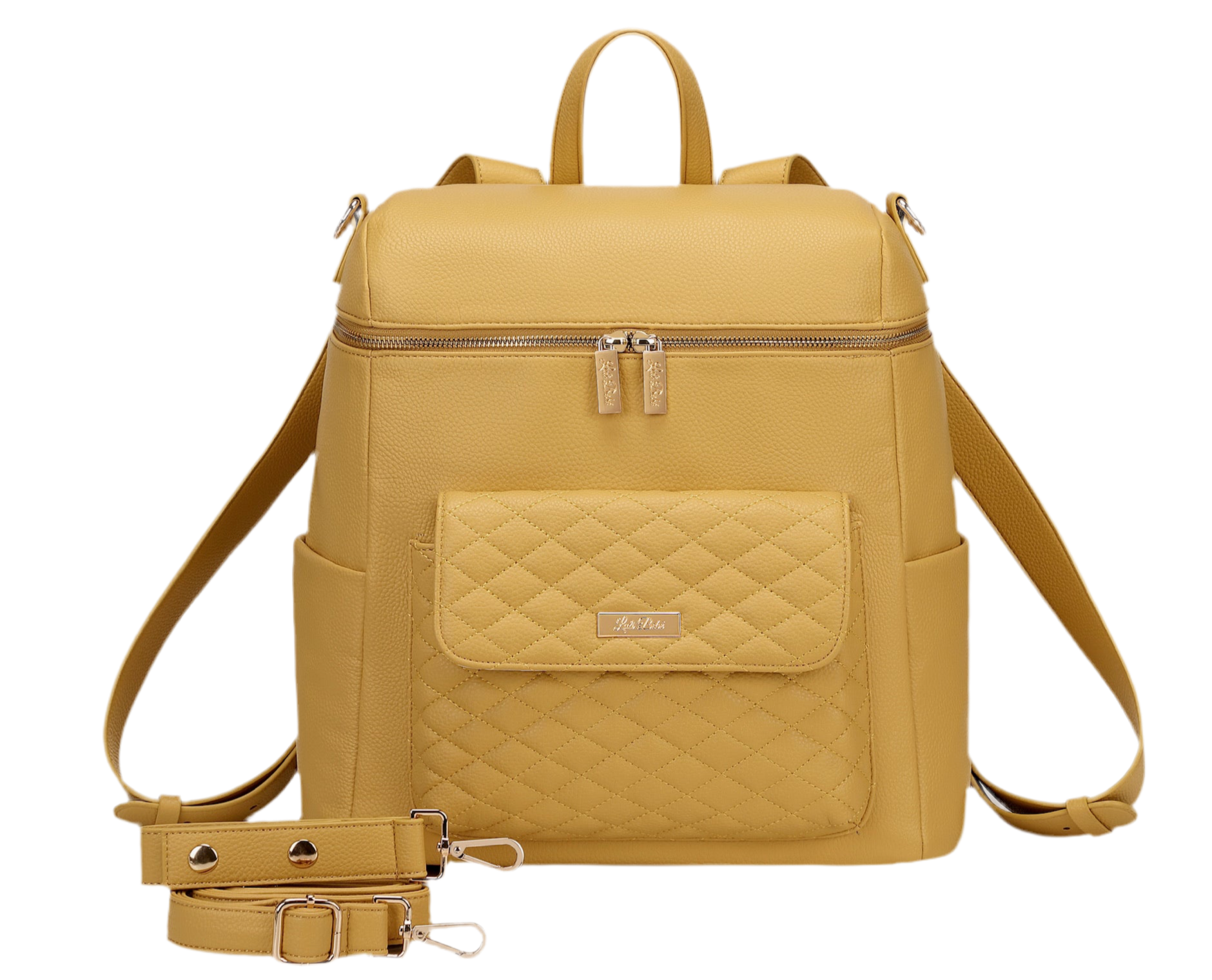 Yellow backpack with quilted pocket on a white background