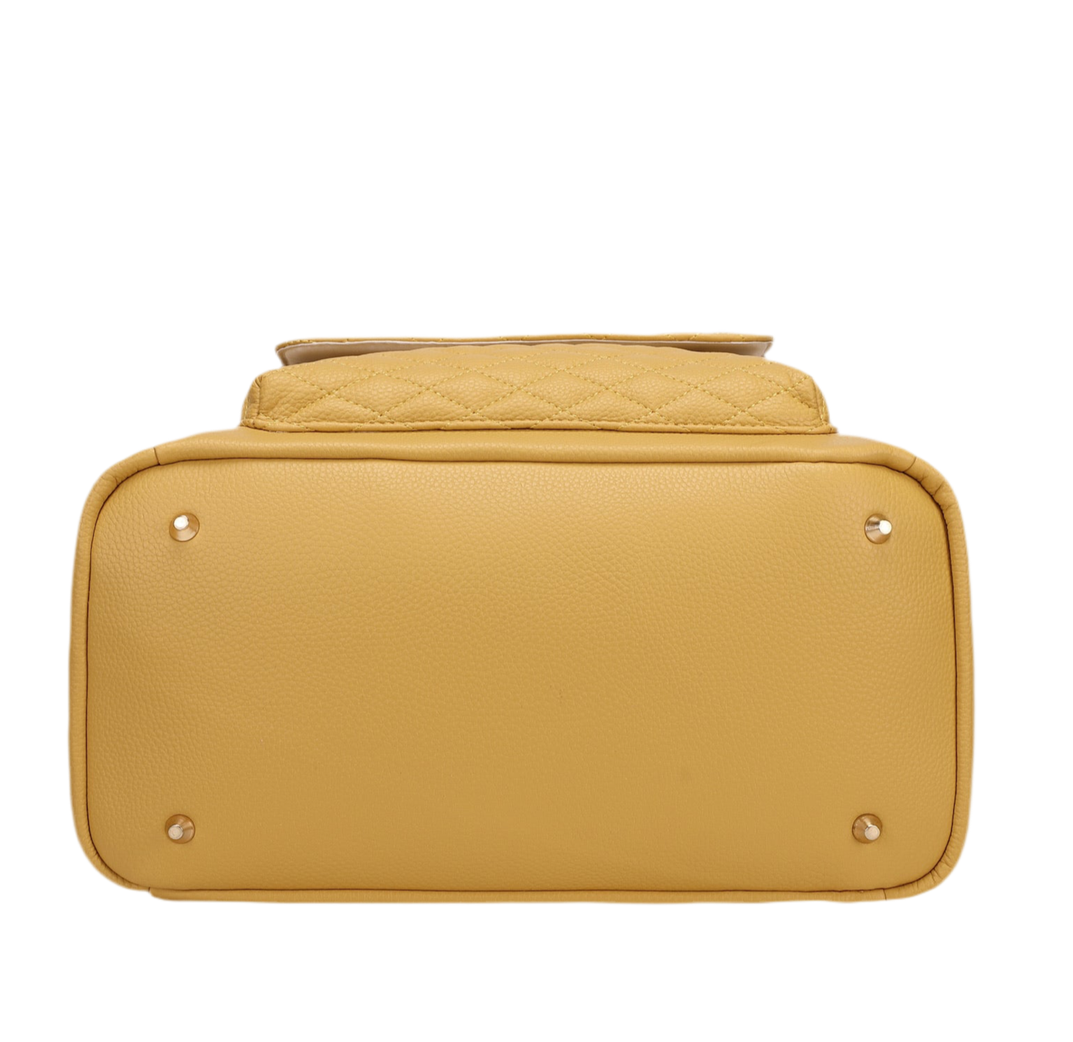 Yellow handbag with a quilted top section on a white background