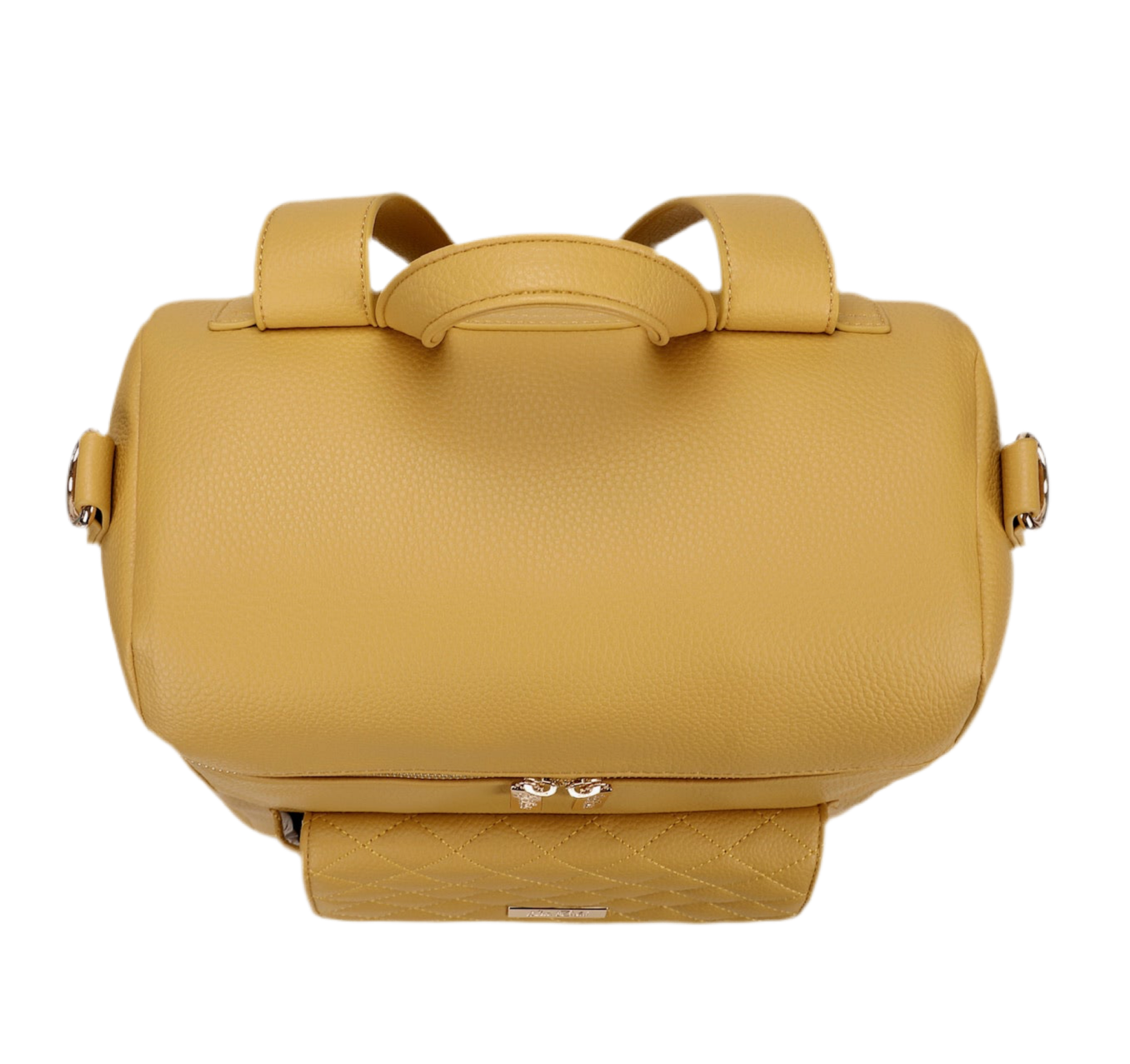 Yellow leather bag with gold accents on a white background