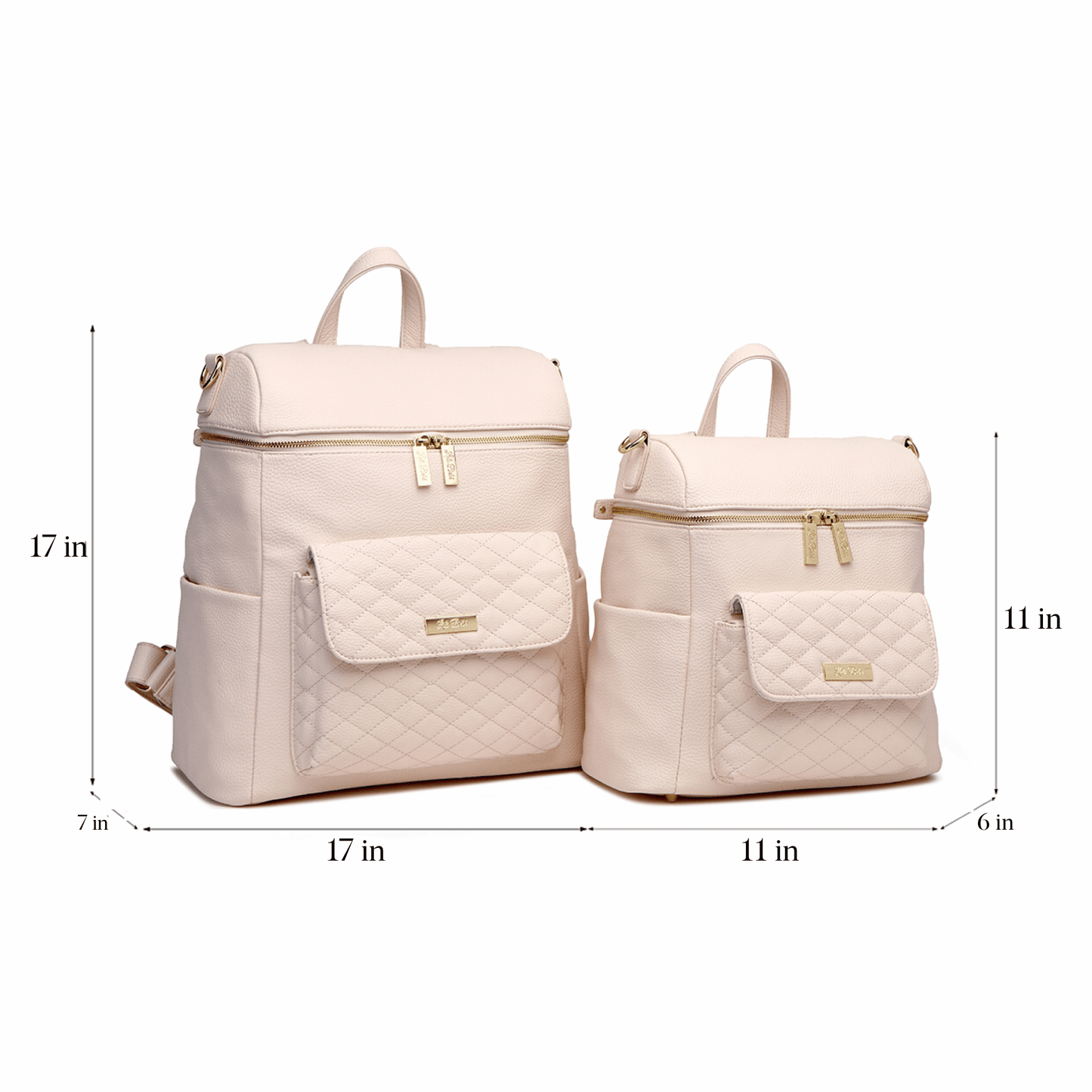 Two beige backpacks with dimensions indicated on a white background