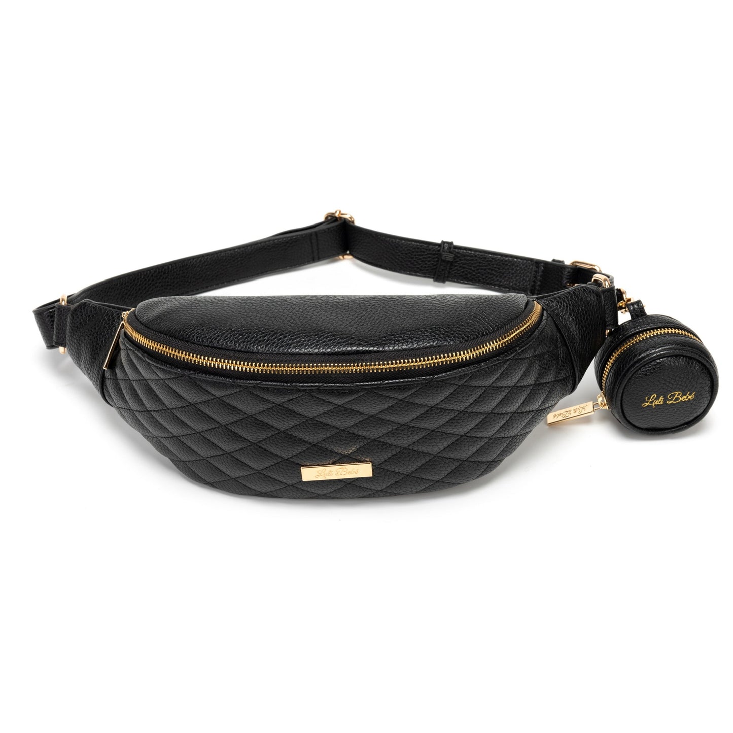 Black quilted fanny pack with gold accents on a white background