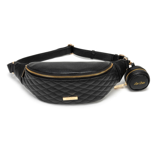 Black quilted fanny pack with gold accents on a white background