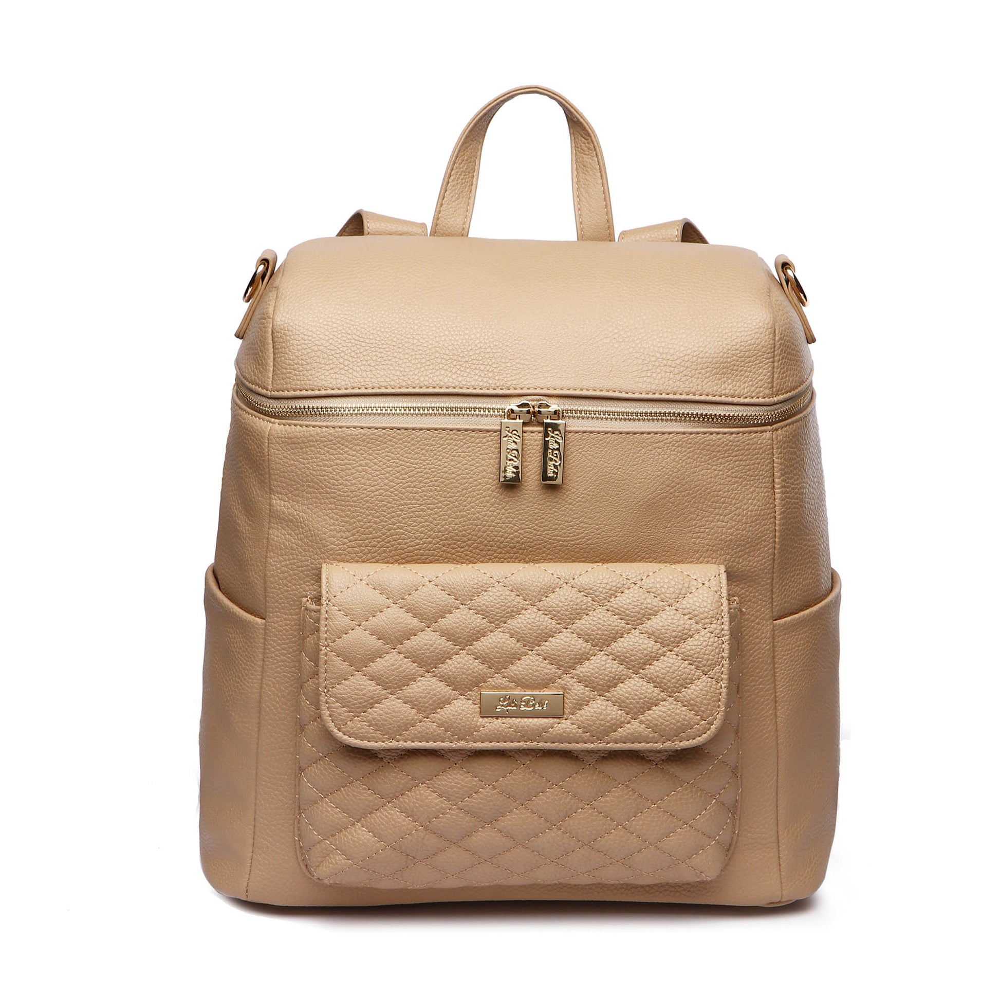 A latte brown, vegan leather Monaco Diaper Bag with smooth-glide YKK zippers and a quilted front pocket. It has multiple compartments and carry options including a backpack and crossbody.