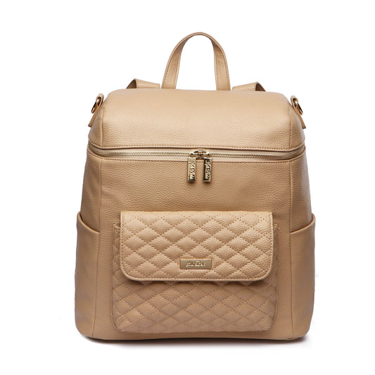 A latte brown, vegan leather Monaco Diaper Bag with smooth-glide YKK zippers and a quilted front pocket. It has multiple compartments and carry options including a backpack and crossbody.