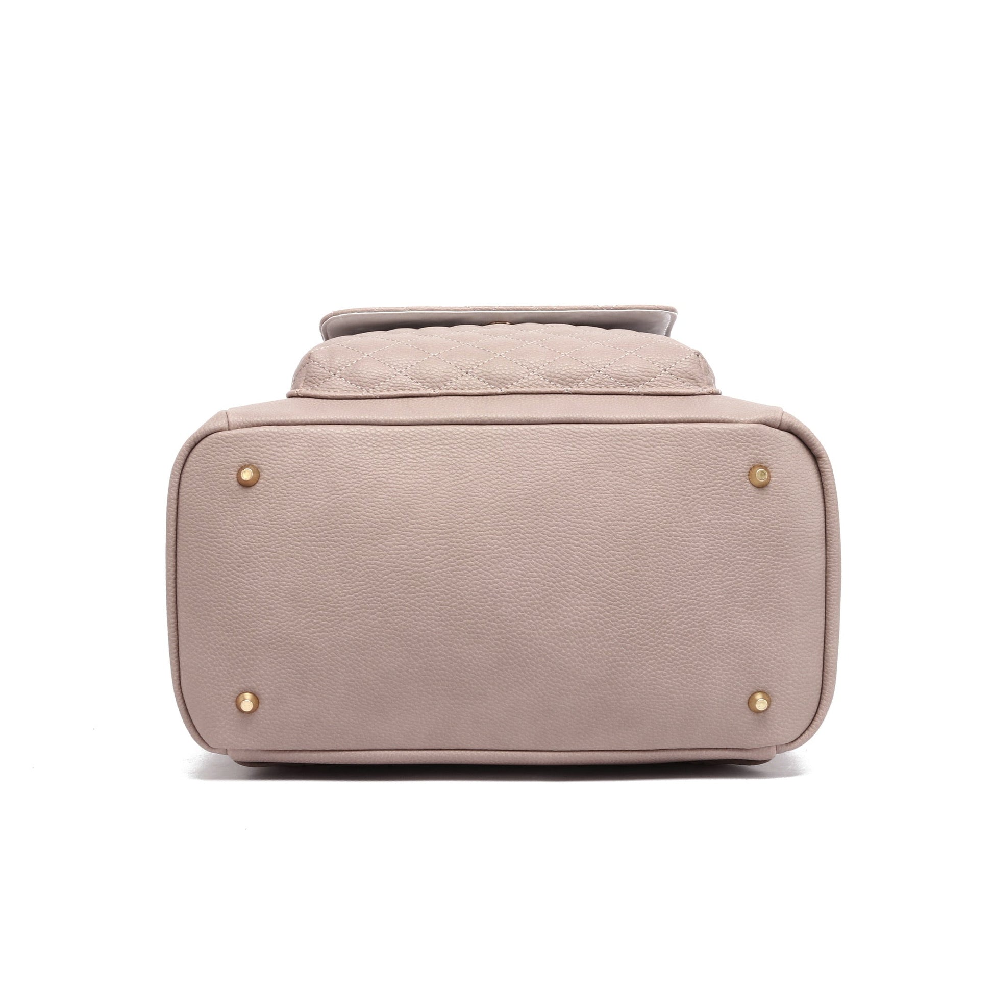 Pink handbag with gold accents on a white background