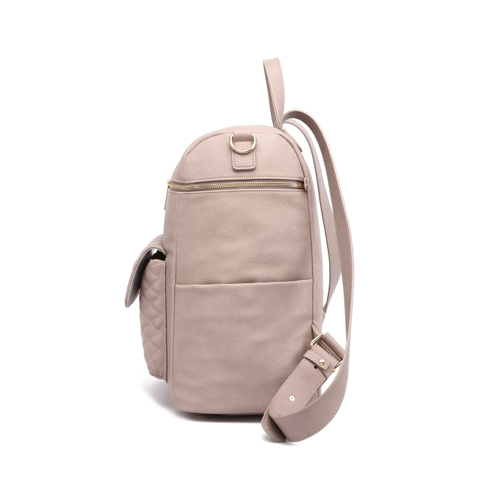 Beige backpack with a strap on a white background
