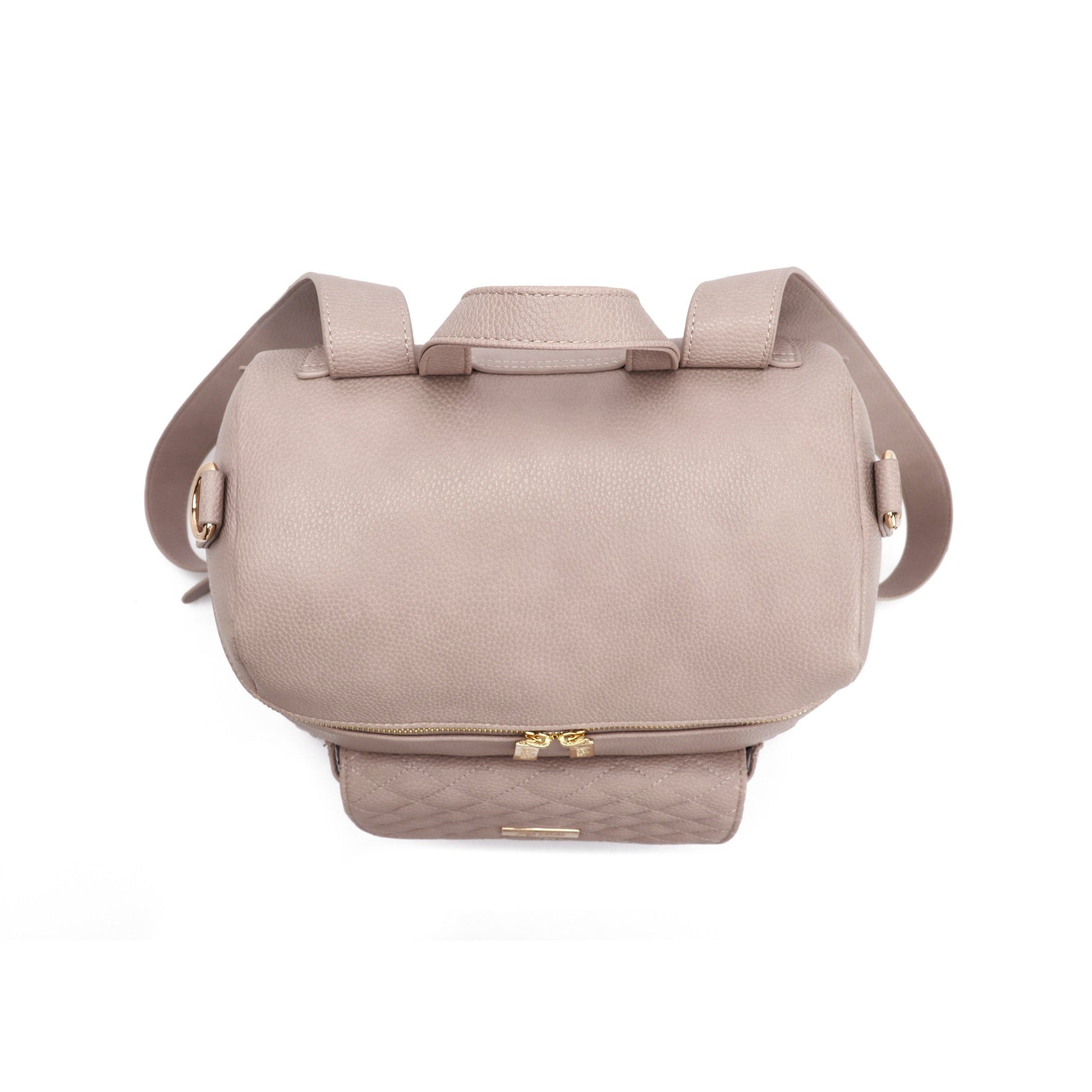 Beige handbag with gold accents on a white background