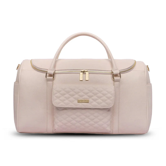 Quilted beige duffel bag with gold accents on a white background