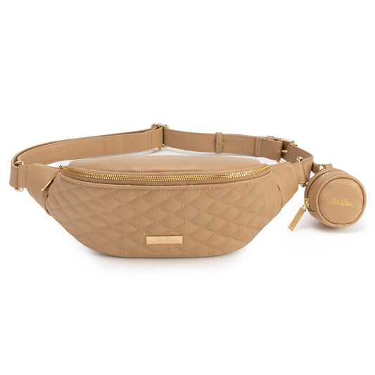 Beige quilted waist bag with a small round pouch on a white background