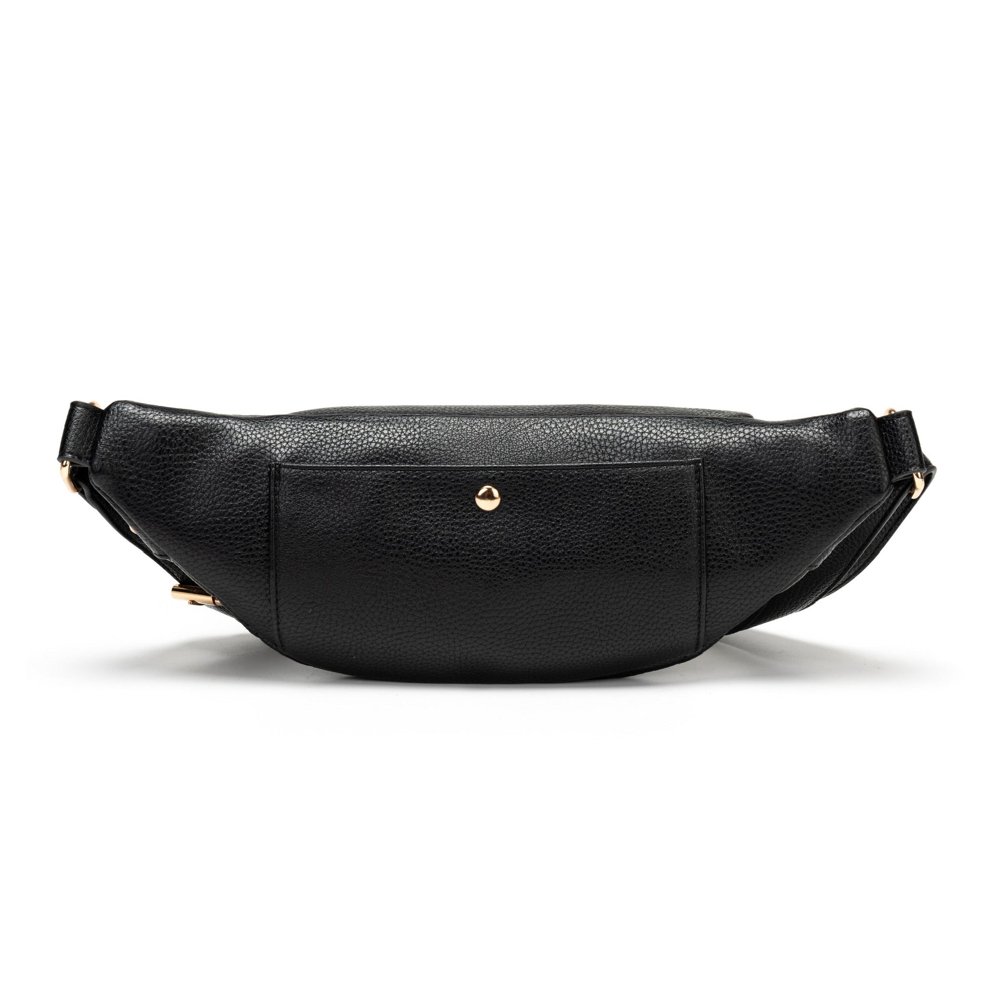 Black leather waist bag on a white background