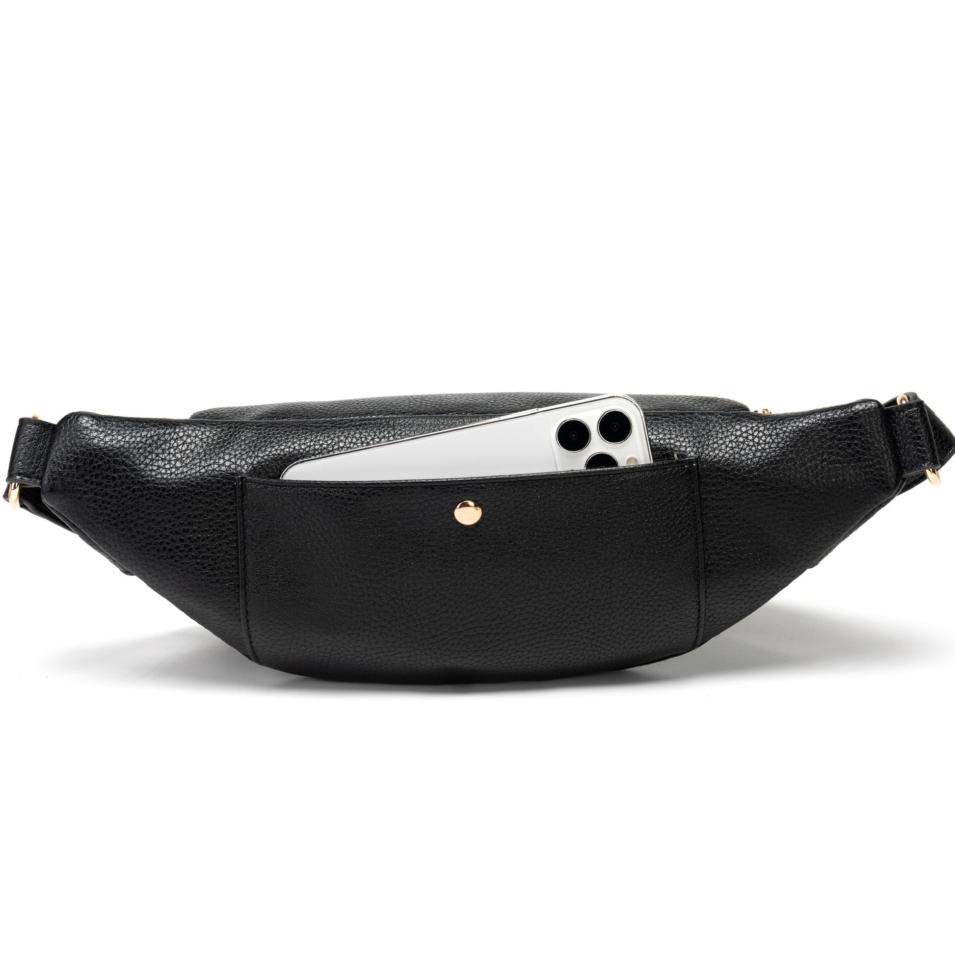 Black leather waist bag with a phone inside on a white background