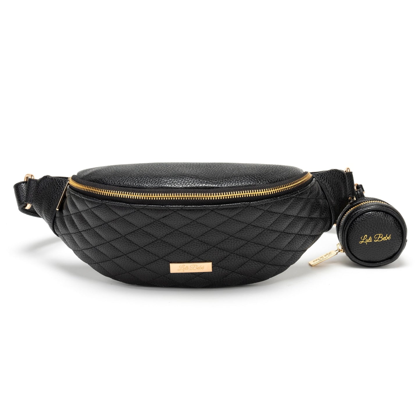 Black quilted waist bag with a matching coin purse on a white background