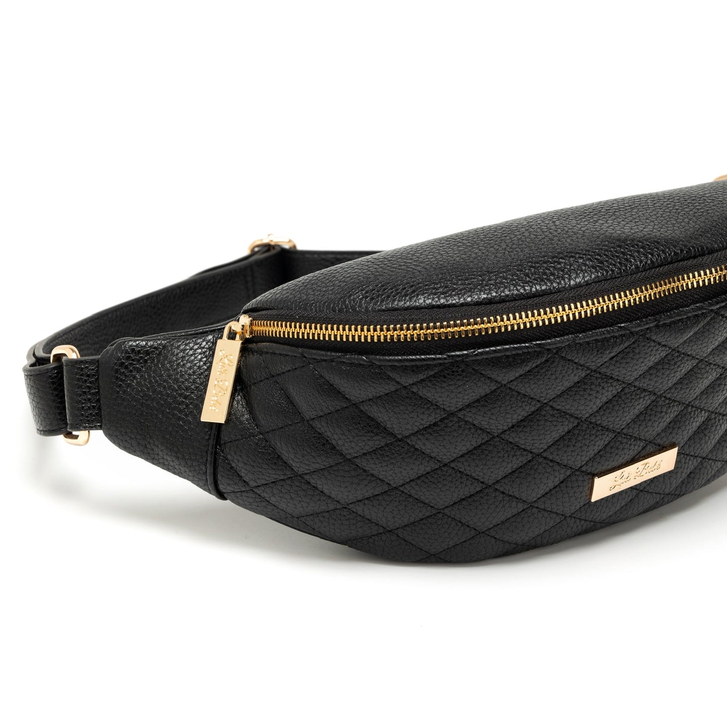Black quilted waist bag with gold zipper and accents on a white background