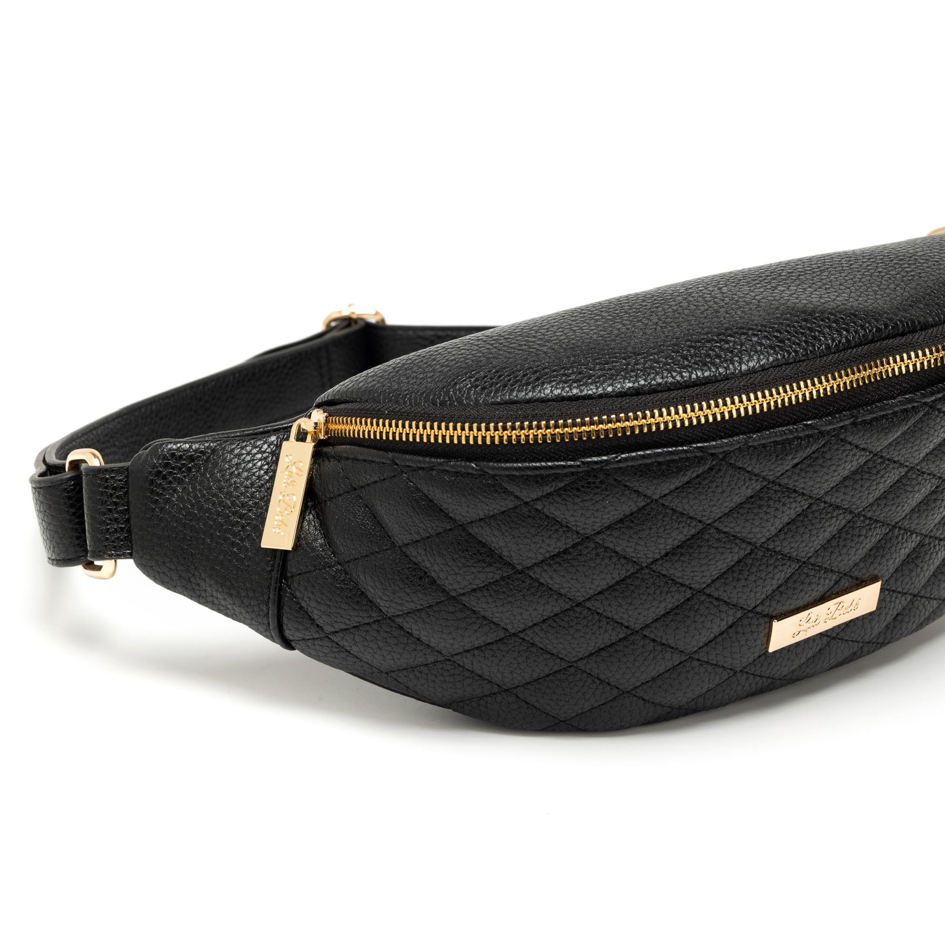 Black quilted waist bag with gold zipper and accents on a white background