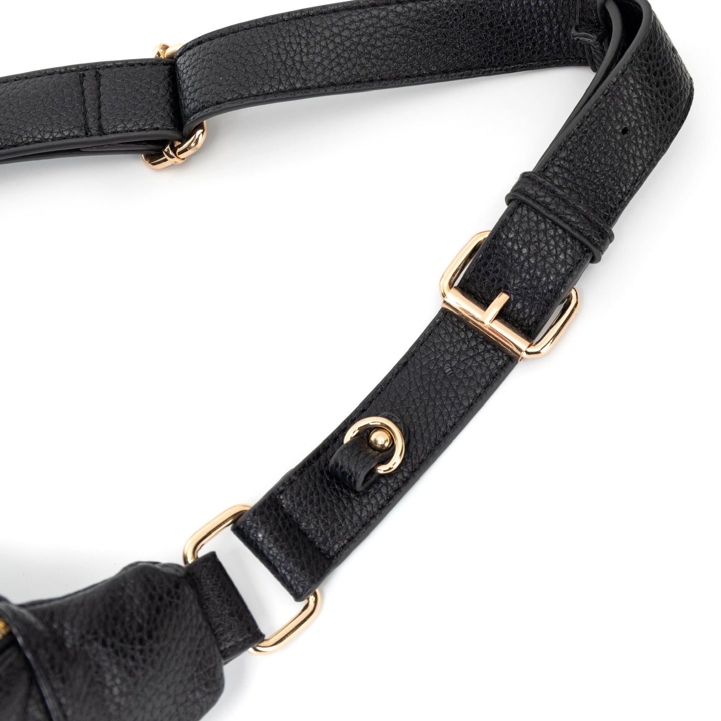 Black leather harness with gold hardware on a white background