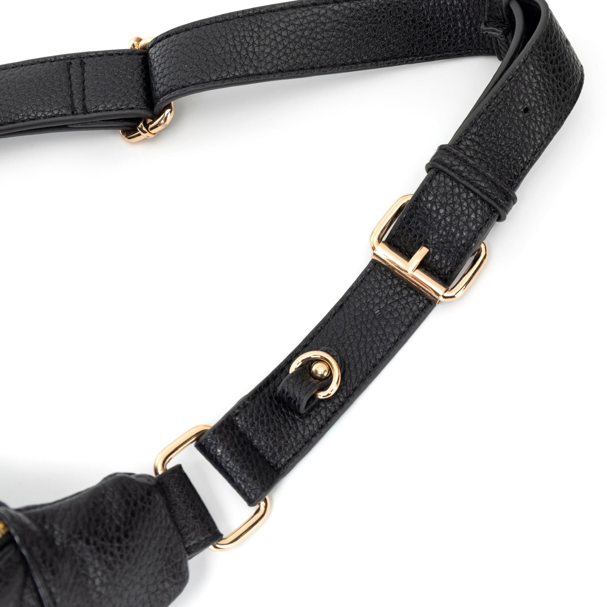 Black leather harness with gold hardware on a white background