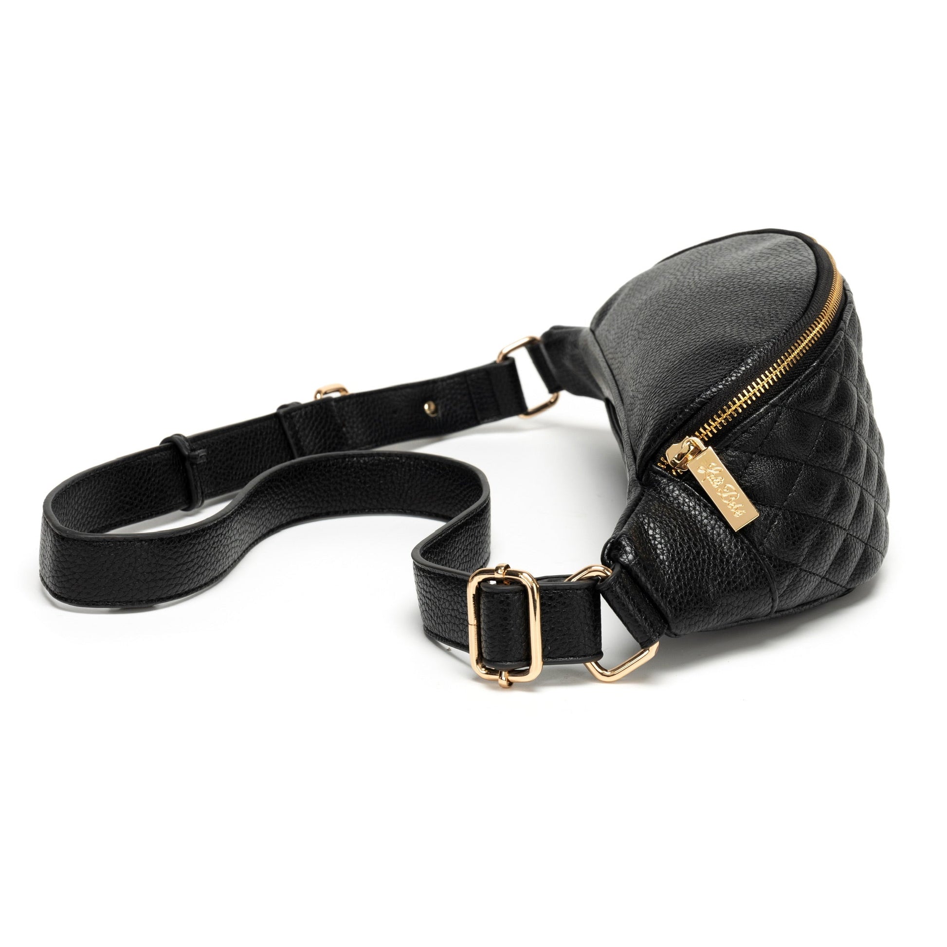 Black quilted waist bag with gold zipper on a white background
